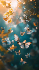 Backlit butterflies in shallow depth, warm bokeh and teal haze