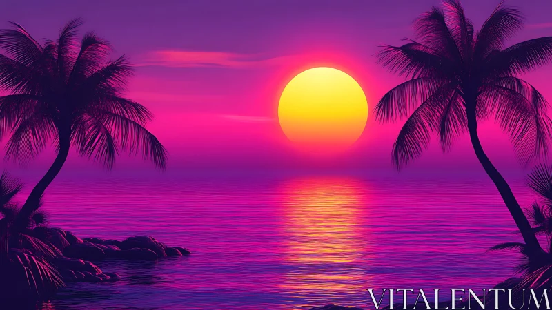 Neon tropical sunset bathes calm ocean in radiant glow