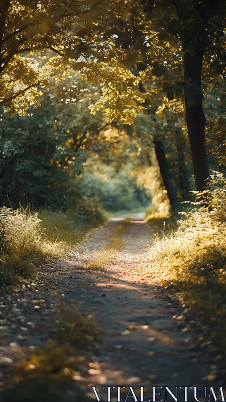 Tree-lined forest path with golden canopy and dappled light illumination