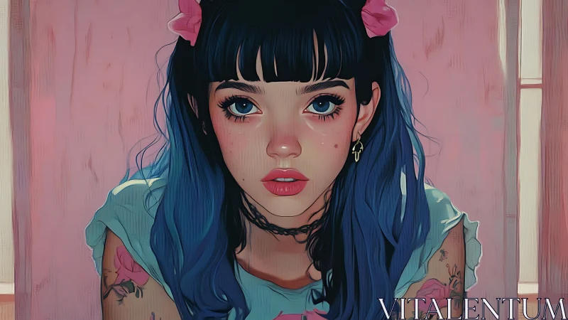 Stylized portrait of blue haired girl against pink backdrop.