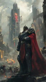 Armored warlord surveys a burning gothic citadel in ruin
