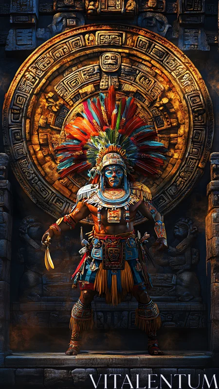 Mesoamerican warrior king stands before glowing sun stone