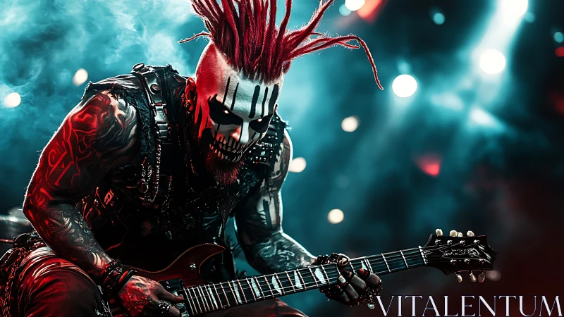 Intense masked guitarist unleashes electrifying rock energy.