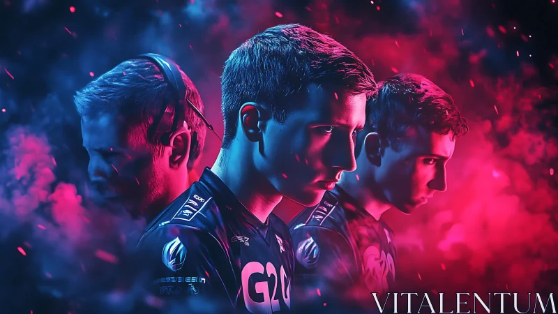 Esports competitor triptych under magenta cyan smoke lighting