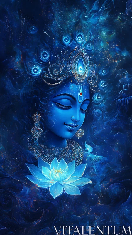 Blue divine female portrait with glowing lotus flower