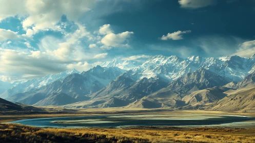 Snowlit mountain range rises over tranquil highland lake