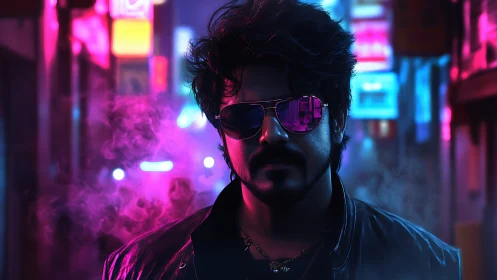 Neon backlit urban portrait with reflective cyberpunk optics.