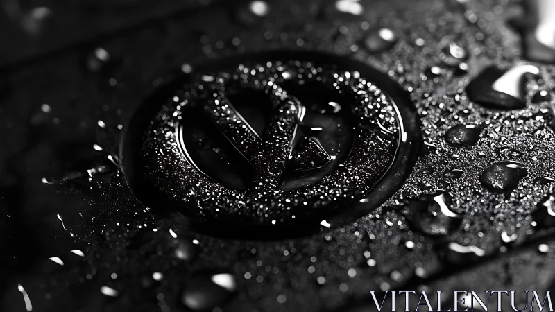 Wet circular emblem in high contrast macro view.