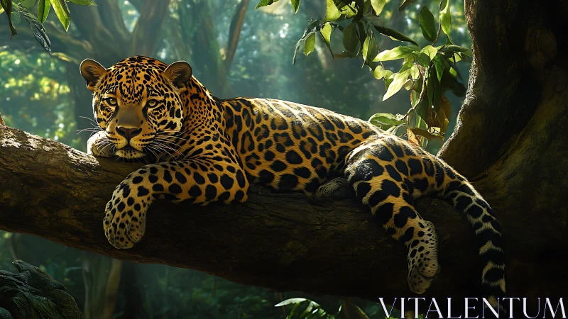 Jaguar lies stretched on thick jungle tree branch in shade