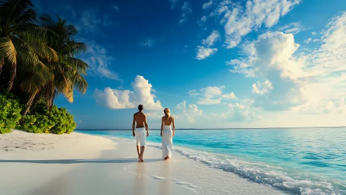 Couple walking on tropical shoreline under expansive blue sky.