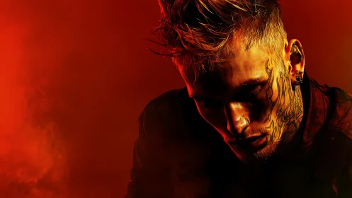 Tattooed male portrait in red atmospheric lighting. Period.