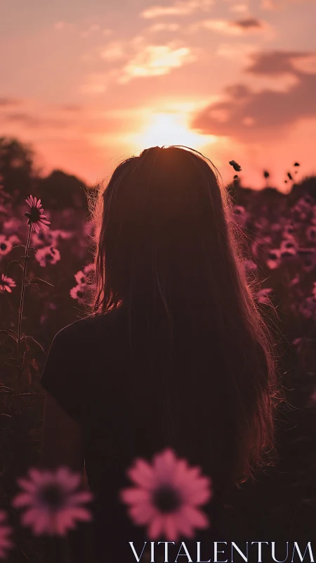 Silhouetted girl watches a tranquil sunset over wildflowers