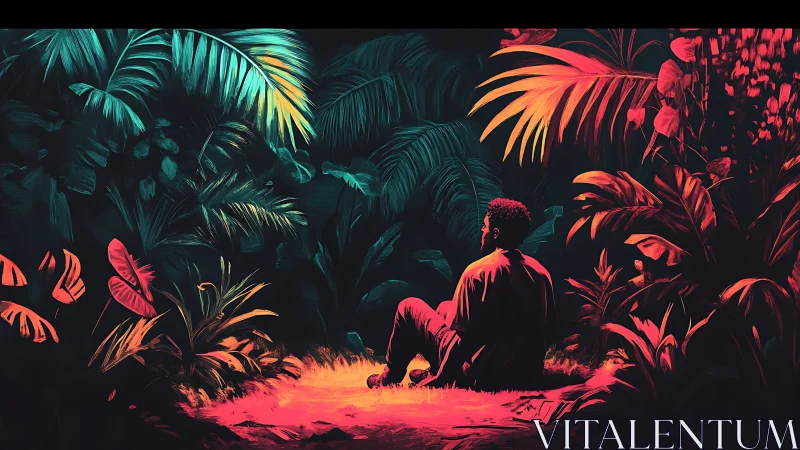 Chromatic jungle interface with seated observer in glow field.