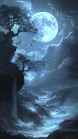 Large moon illuminates rocky coast with trees and waterfall