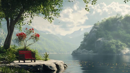 Lakeside bench and flowering tree under broad foliage shade.