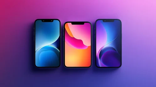 Three Gradient-Display Smartphones Against Vibrant Purple Gradient Background.