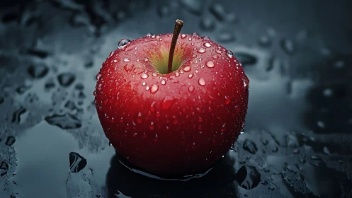 Rain-kissed crimson apple glowing on inky wet steel.