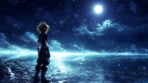 Cel-shaded anime figure observing specular moonlit ocean horizon