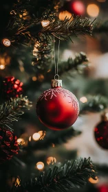 Scarlet Christmas bauble glows amid evergreen twinkle lights.
