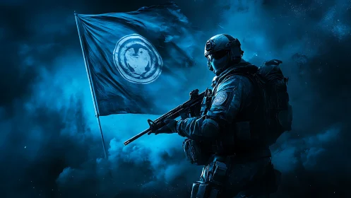 Armored soldier bearing emblem flag in ethereal blue atmospheric setting