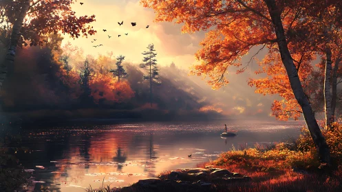 Golden autumn lake at sunset with peaceful forest glow.