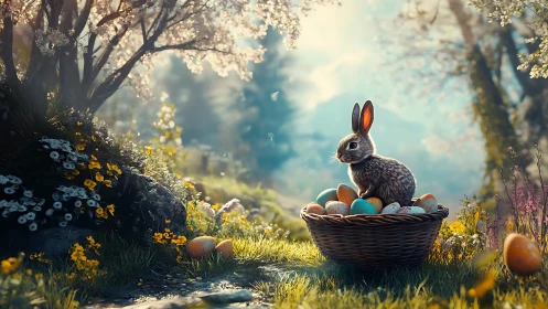 Easter bunny nestles in basket of eggs under spring blossoms.