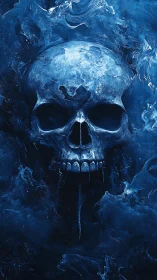 Ethereal blue skull emerges from swirling cosmic mist