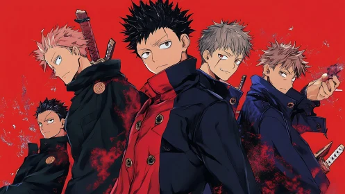 Five uniformed anime figures stand against flat red backdrop