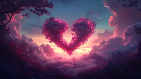 Luminescent Heart Formation: Neon Pink Floral Cloud Silhouette Composite