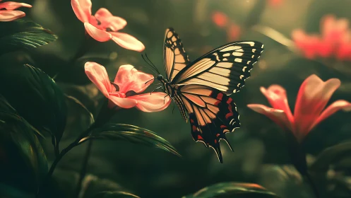 Macro-lit butterfly pollination on luminous garden blossoms.