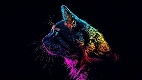 Neon Spectrum Cat Head Profile Against Black Background