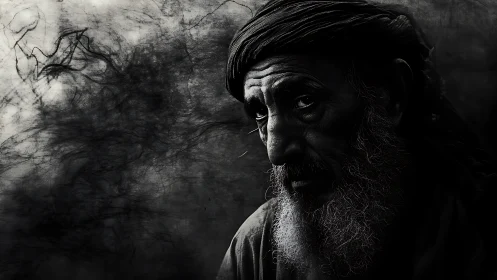 Monochrome portrait shows elderly bearded man in side light