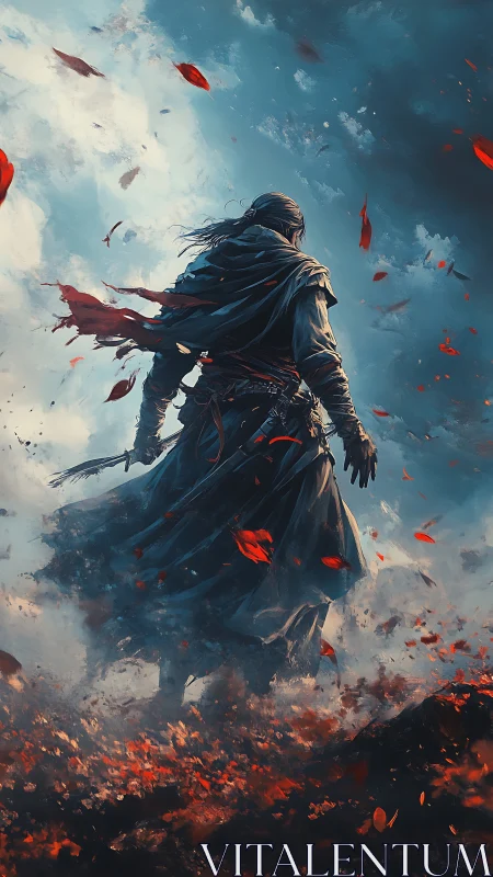 Stormbound wanderer amid crimson embers and torn sky.