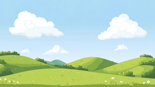 Soft rolling green hills rest under bright playful clouds