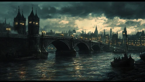 Brooding neo-Victorian bridge over storm-lit river cityscape.