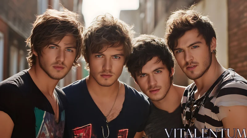 Four stylish young men pose closely in a sunlit alleyway.