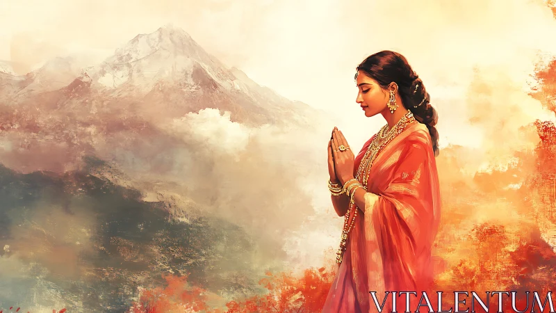 Graceful woman in prayer against soft glowing mountains.