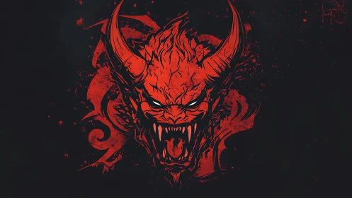 Red horned demonic head illustration on dark backdrop.