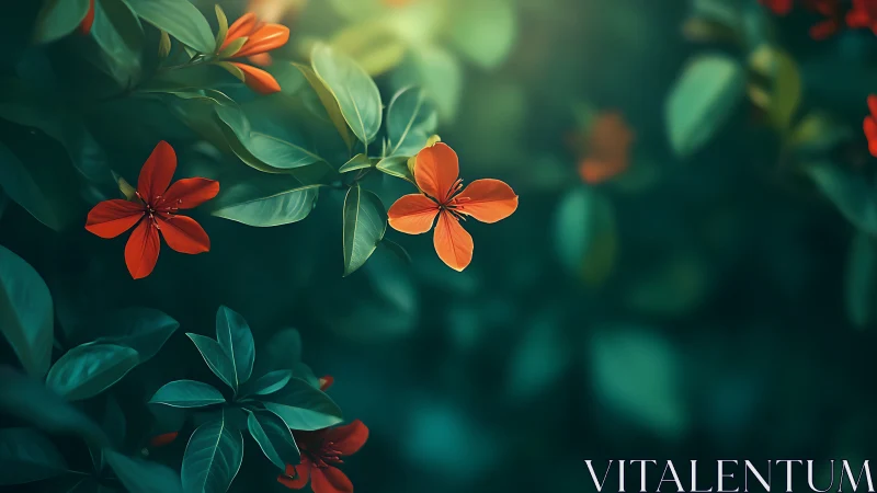 Red-Orange Flowers in Focused Depth of Field with Lush Green Foliage