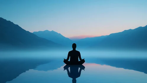 Silhouette practices seated meditation on calm reflective lake