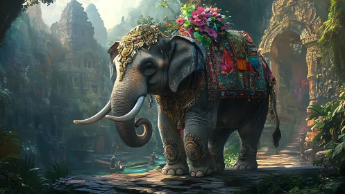 Regal decorated elephant in lush jungle temple ruins.