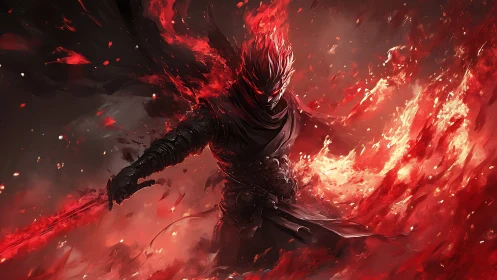 Infernal swordsman engulfed in dynamic crimson firestorm.