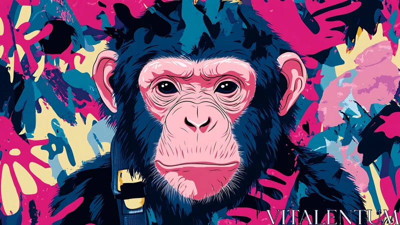 Pop art chimp portrait over bold abstract splatter field.