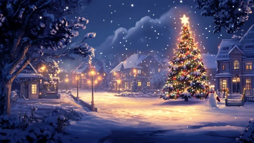 Snowy village square shows illuminated outdoor Christmas tree