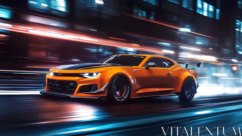 Orange muscle car drifting through neon city streets at night.