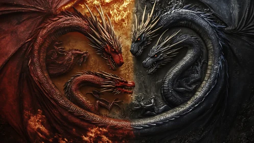 Dual red and blue dragons encircle fire and shadow.