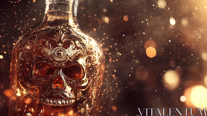 Gilded skull decanter glows in amber dusted twilight.