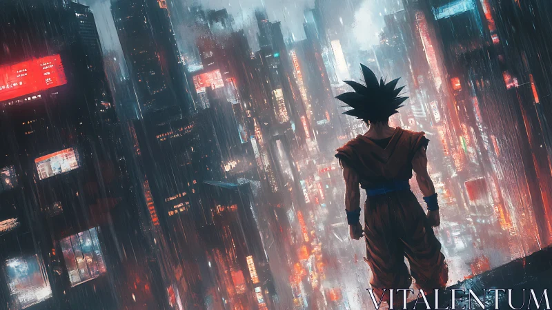 Cyberpunk warrior silhouette overlooking neon rain city