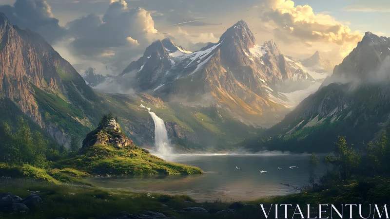 Mountain lake landscape with waterfall and distant peaks.