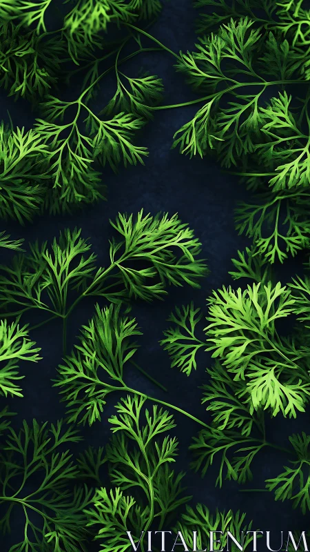 Green herb leaves are arranged across a dark flat surface